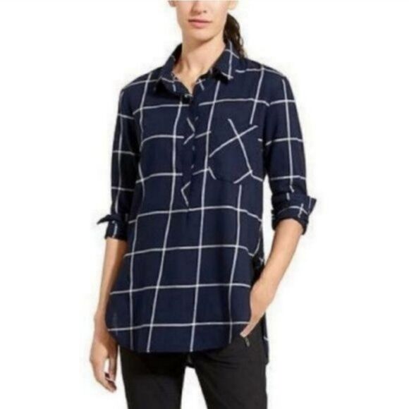 Athleta Presidio Half Button Down Windowpane Plaid Tunic in Navy Blue & White - Picture 1 of 12